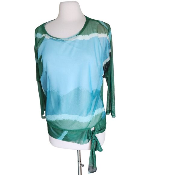 CHICO'S Women’s Size 2 Large 12 Geometric Mesh Top‎ Blouse Green Blue - Picture 1 of 11